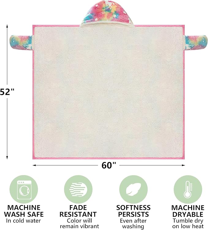 Unicorn Glow in The Dark Wearable Blanket for Girls- Soft Warm 52"X60" Sherpa Fleece Unicorn Gifts for Girls Age 8-10, 6-8, 4-6, Hooded Throw Blanket Gift for Kids