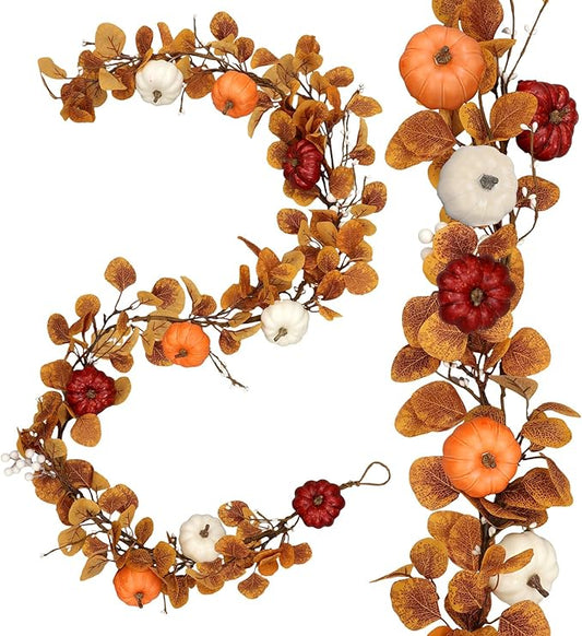 Zeyune 1 Pcs 6ft Long Fall Artificial Garland with Pumpkin Autumn Mixed Eucalyptus Garland Farmhouse Hanging Rustic Fall Wreath Decor for Front Door Kitchen Fireplace Home Indoor Outdoor