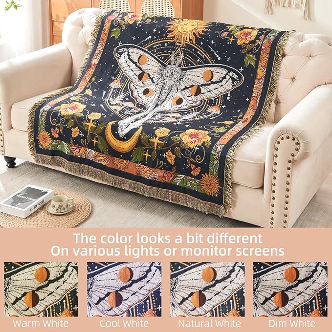 Boho Throw Blanket Reversible Cotton Bohemian Tapestry Hippie Room Decor Outdoor Blanket Double Sided (Black Butterfly 50"x60")