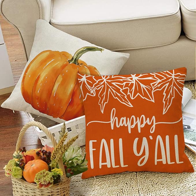 Happy Fall Y'all Decorative Throw Pillow Covers 18 x 18 Set of 4, Autumn Hello Pumpkin Maple Leaves Porch Outdoor Home Decor, Orange Seasonal Sofa Couch Cushion Case
