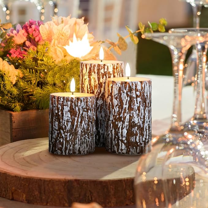 Eywamage Brown Pine Bark Flameless Pillar Candles with Remote, Farmhouse Battery Operated LED Wood Candles Set of 3