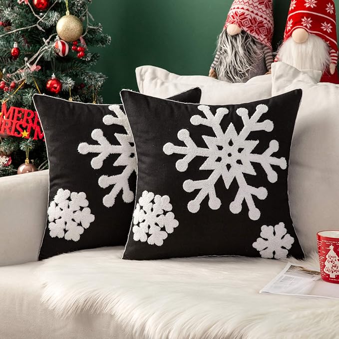 MIULEE Pack of 2 Christmas Decorative Snowflake Throw Pillow Covers Canvas Embroidery Winter Cushion Cases Holiday Decor Soft Pillowcases for Winter Couch Sofa Bedroom Car（Black, 18x18in）