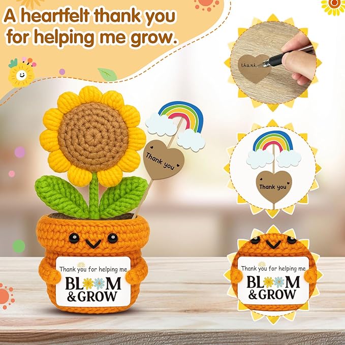 Crochet Sunflower Appreciation Gift “Thank You for Helping Me Bloom & Grow” Knitted Flowers Plush for Teacher, Principal, Mentor, Counselor, Farewell, Retirement, Thanksgiving, Christmas