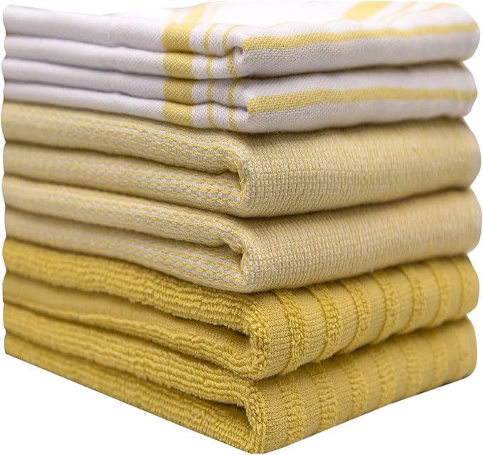 Premium Kitchen Towels (20”x 28”, 6 Pack) – Large Cotton Kitchen Hand Towels – Striped Flat & Terry Towel – Highly Absorbent Tea Towels Set with Hanging Loop – Yellow