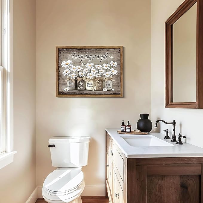 Rustic Bathroom Wall Art, Vintage Daisy Farmhouse Canvas Wall Decor Paintings, Flower Butterfly Inspirational Posters Prints Pictures Artwork for Bathroom Restroom 16x24 Inch Wood Framed