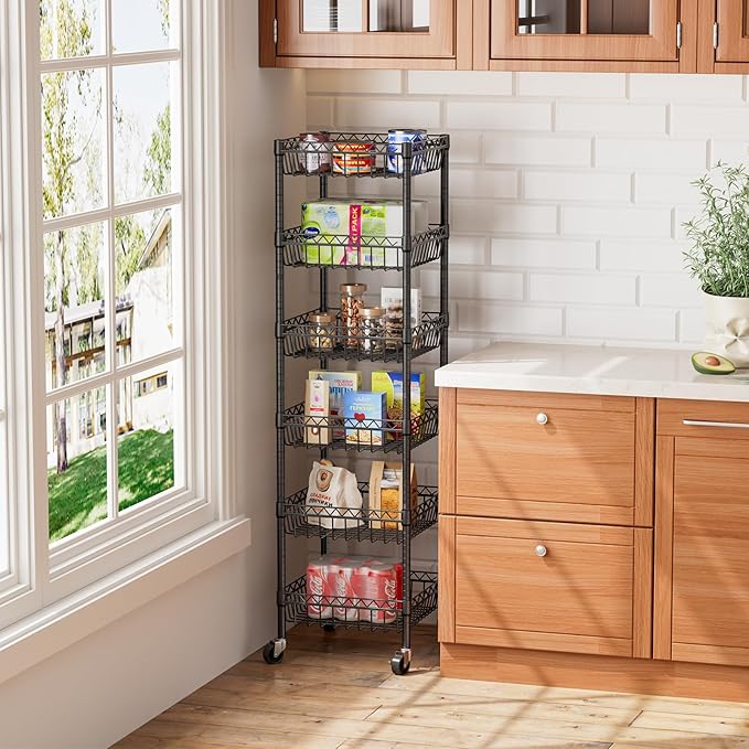 6 Shelves Storage Shelf Wire Closet Bathroom Organizers Metal Pantry Kitchen Garage Shelving Unit Laundry Room Organization Home Rack Net Basket Black with Wheels 14" Dx14 Wx64.8 H