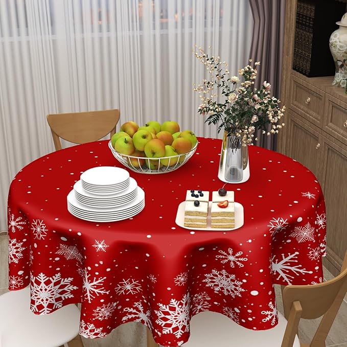 Christmas Round Tablecloth 60 Inch, Merry Christmas Snowflake Round Table Cloth Outdoor Waterproof Christmas Tablecloths Red Xmas Cover Holiday Tabletop Decoration for Kitchen Home Party Dining