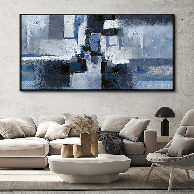 KLAKLA Large Abstracr Wall Art - Blue and Black Canvas Picture for Living Room Office Wall Decor Bedroom Art Framed Artwork Modern Wall Decoration 58x29 Inches