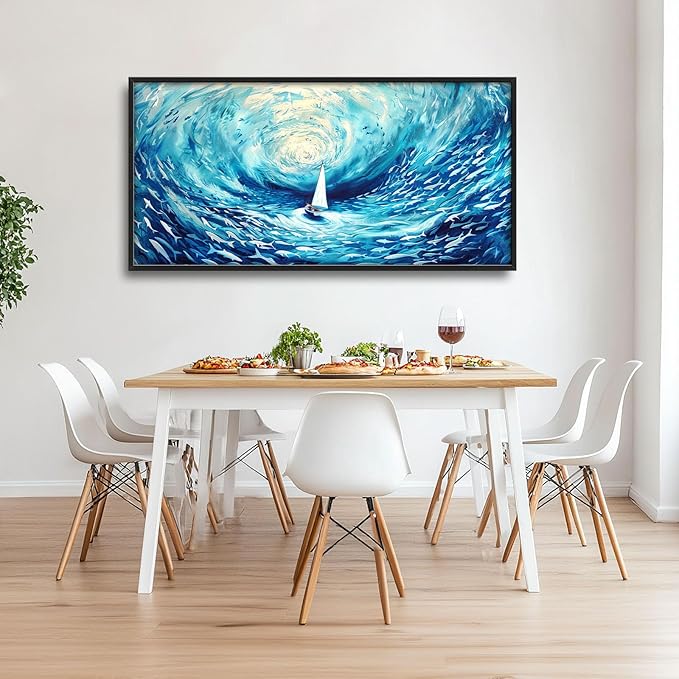 Sailboat Large Framed Wall Art Blue Sea Ocean Pictures Abstract Marine Nautical Fish Oversized Wall Decor Canvas Print Painting Aesthetic Modern Artwork for Living Room Bedroom Office Bathroom Home Decor 60L"x30W"