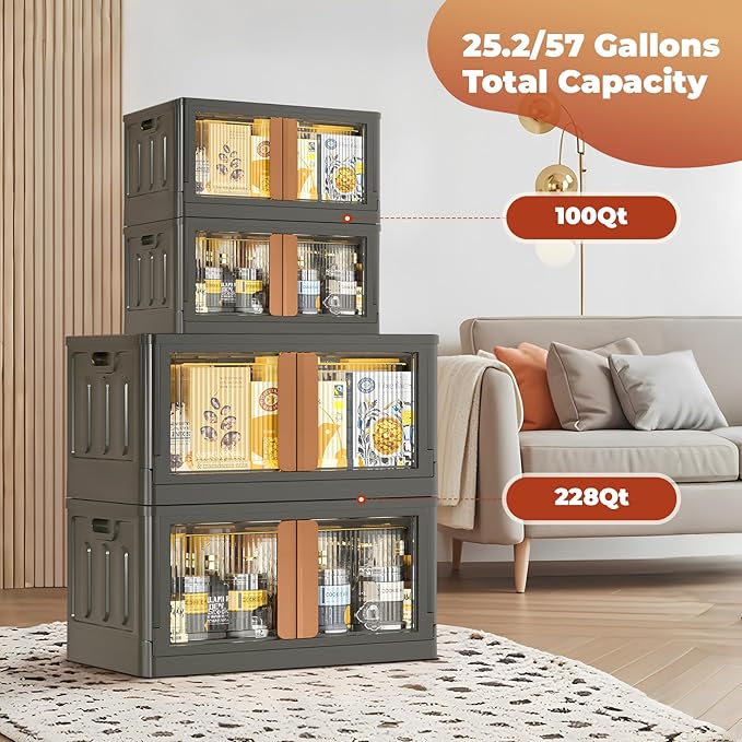 GCCSJ 76Qt Stackable Plastic Storage Boxes with Lids, Foldable Closet Organizers and Storage Containers with Wheels, Collapsible Storage Bins for Home Organization, 3 Pack Black