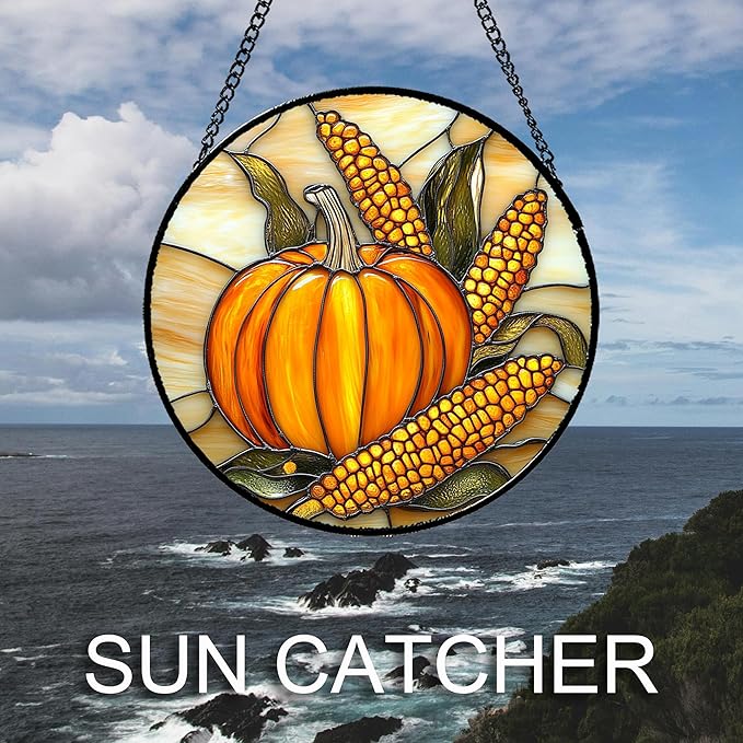 Stained Glass Window Hanging Autumn Harvest Pumpkin Corn 6.3" - Suncatcher Door Garden Kitchen Sunroom Sun Catcher Fall Home Decor Birthday for Mom Grandma Men Woman