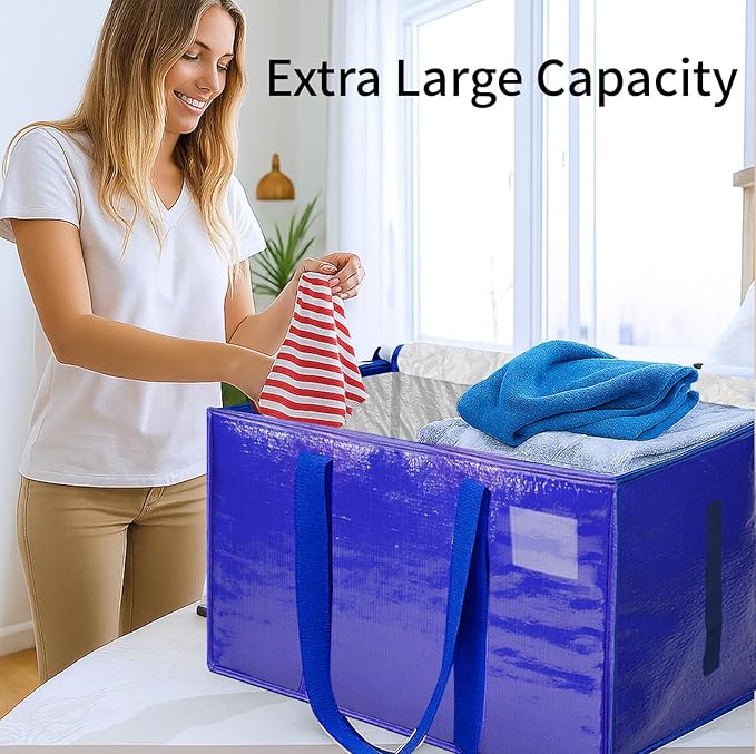 4 Pack-Extra Large Heavy Duty Moving Bags - Waterproof Storage Totes with Handles & Zippers, Foldable for College Dorm, Storage (Blue)