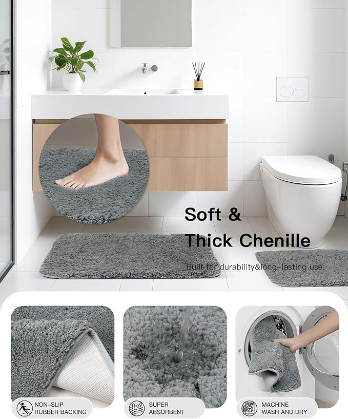 IMAVO Grey Bathroom Accessories,Non Slip Super Absorbent Rugs and Waterproof Shower Curtain with Hooks,Complete Bathroom Set for Bathroom Décor