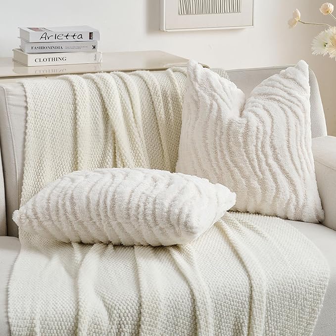FUTEI White Decorative Throw Pillow Covers 24x24 Inch Set of 2,Soft Faux Fur Geometric Shapes Texture European Cushion Case,Boho Home Decor for Couch Bed Living Room