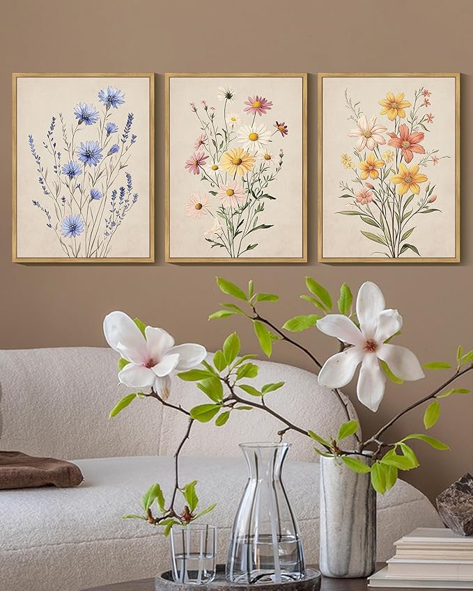 KUVIOKE Vintage Wildflower Bouquet Framed Wall Art Color Botanical Flower Wall Decor Modern Colorful Floral Hanging Decor for Living Laundry Dining 12x16in (Natural Framed)