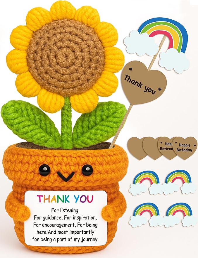 Crochet Sunflower Thank You Gift – Handmade Affirmation Doll with Appreciation Card for Teacher, Mentor, Coworker, Boss – Farewell, Retirement, Graduation, Christmas Office Desk Decor