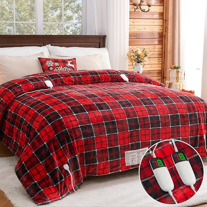 Heated Blanket Electric, Queen Size 84X90, Heating Blanket with 10 Heating Levels/8 Hours Auto Off/Dual Control for Bed, Red Checkered Sherpa Blankets Warmer for Adults, Christmas Blankets, ETL & FCC