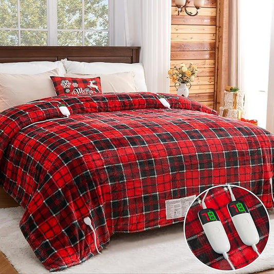Heated Blanket Electric, Queen Size 84X90, Heating Blanket with 10 Heating Levels/8 Hours Auto Off/Dual Control for Bed, Red Checkered Sherpa Blankets Warmer for Adults, Christmas Blankets, ETL & FCC