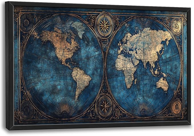 World Map Framed Wall Art for Living Room, Large Map of The World Canvas Wall Decor, Vintage Maps Pictures Painting, Modern Artwork for Office Bathroom Bedroom 36L'' × 24W''