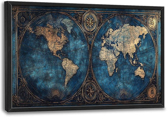 World Map Framed Wall Art for Living Room, Large Map of The World Canvas Wall Decor, Vintage Maps Pictures Painting, Modern Artwork for Office Bathroom Bedroom 36L'' × 24W''