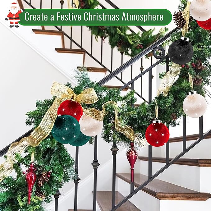 Christmas Tree Ornaments Set Velvet Balls, 12pcs Shatterproof Christmas Bulbs Ornaments for Xmas Tree Decorative Hanging, Vintage Flocked Decoration, 78mm, 3.1in, Multicolor Green Neutral Red Black