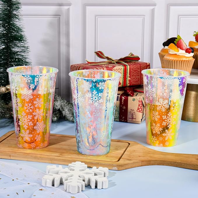 25 Winter Plastic Cups Iridescent Snowflake Party Cups 16oz Frozen Shiny Snowflakes Disposable Drinking Cups for Birthday Wedding New Year Holiday Party Supplies (16oz)