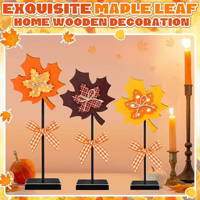 3 Pieces Large Fall Maple Leave Wooden Tabletop Sign Maple Leave Tall Standing Wood Block Autumn Table Sign for Fall Thanksgiving Tiered Tray Home Desk Office Party Decoration