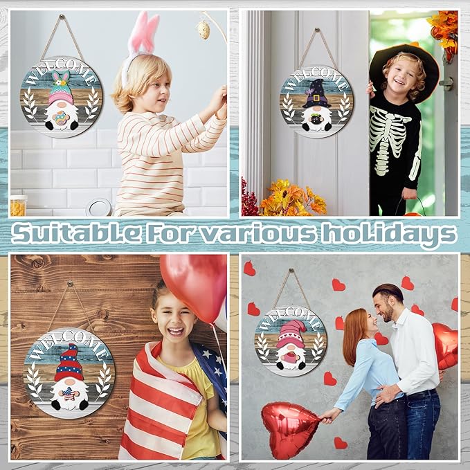 Qunclay Interchangeable Wooden Gnome Decor Holiday Seasonal Gnome Decorations with Magnet Pieces and Detachable Hats Changeable Welcome Sign for Home(Cute Style)