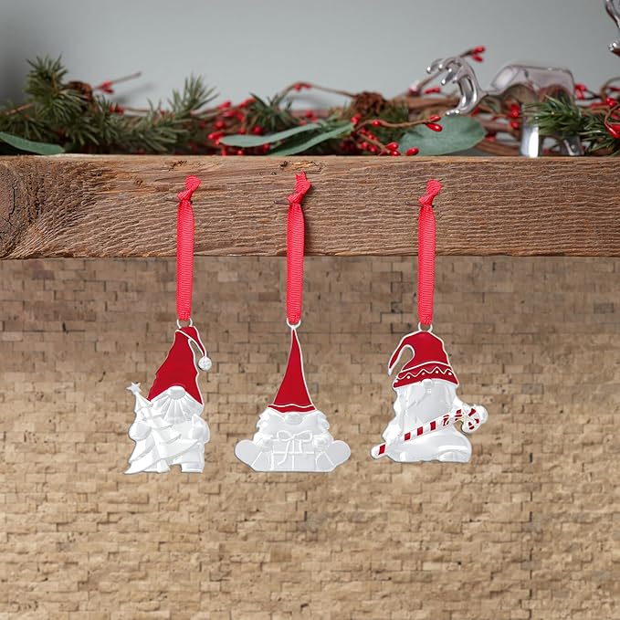 Nambe Whimsical Holiday Mini Gnome Ornament Set – 3 Silver-Plated Hanging Gnome Decorations for Christmas Tree, Seasonal Collectible Ornaments, 3" Each, Silver Plate