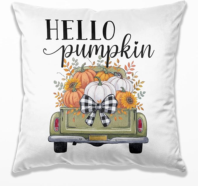 Fall Hello Pumpkin Pillow Covers 18x18, Farmhouse Country Cottage Autumn Decor, Fall Autumn Pumpkin Pickup Truck Decorative Throw Pillow Covers for Home Bedroom Living Room