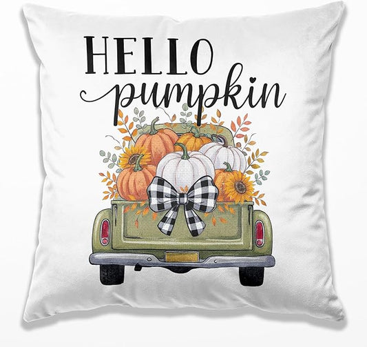 Fall Hello Pumpkin Pillow Covers 18x18, Farmhouse Country Cottage Autumn Decor, Fall Autumn Pumpkin Pickup Truck Decorative Throw Pillow Covers for Home Bedroom Living Room