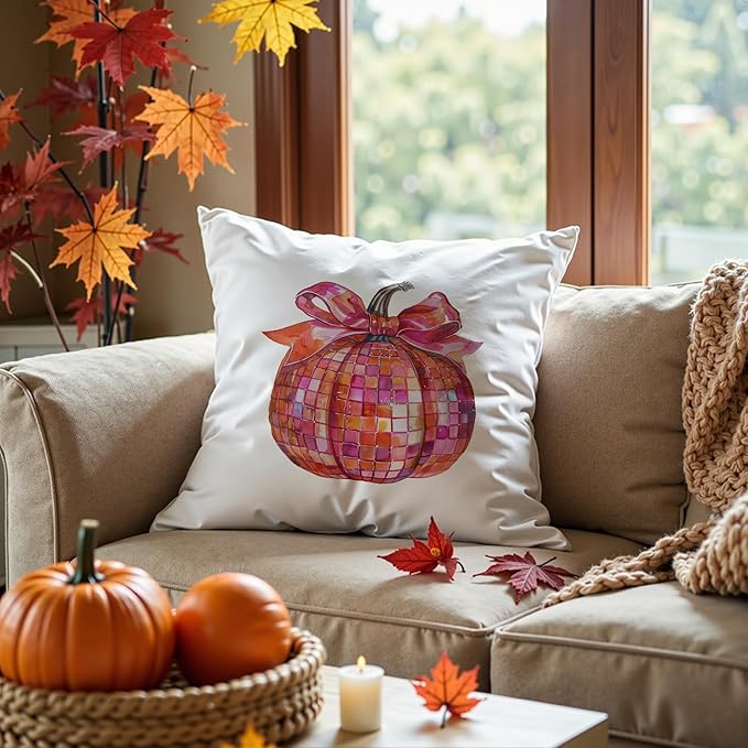 Coquette Pink Bow Disco Ball Pumpkin Fall Pillow Covers 18x18, Preppy Fall Decor, Funky Y2K Girly Pumpkin Autumn Decorative Throw Pillow Covers for Girls Room Dorm Home Bedroom Living Room