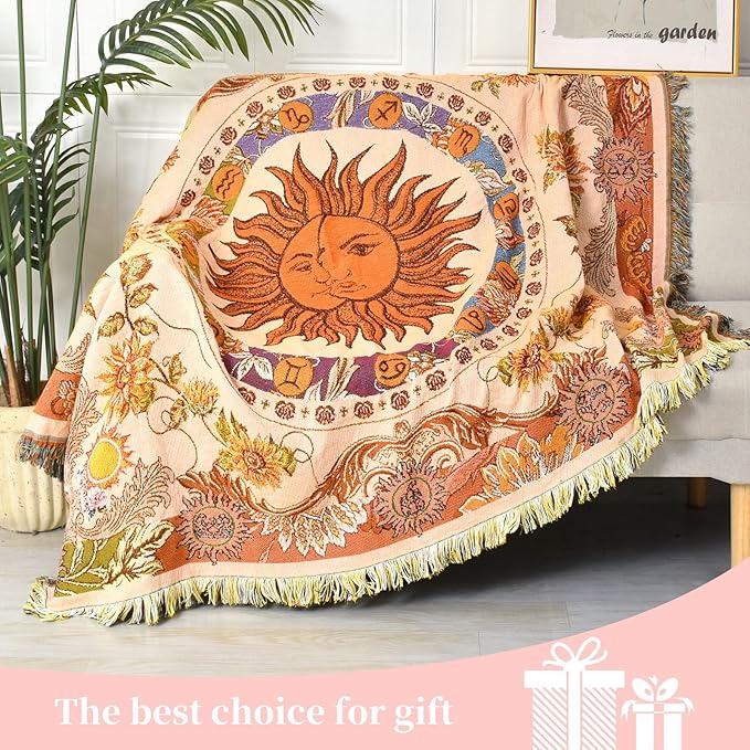 Boho Throw Blanket Reversible Cotton Bohemian Tapestry Hippie Room Decor Outdoor Blanket Double Sided (Boho Sun Yellow 50"x60")