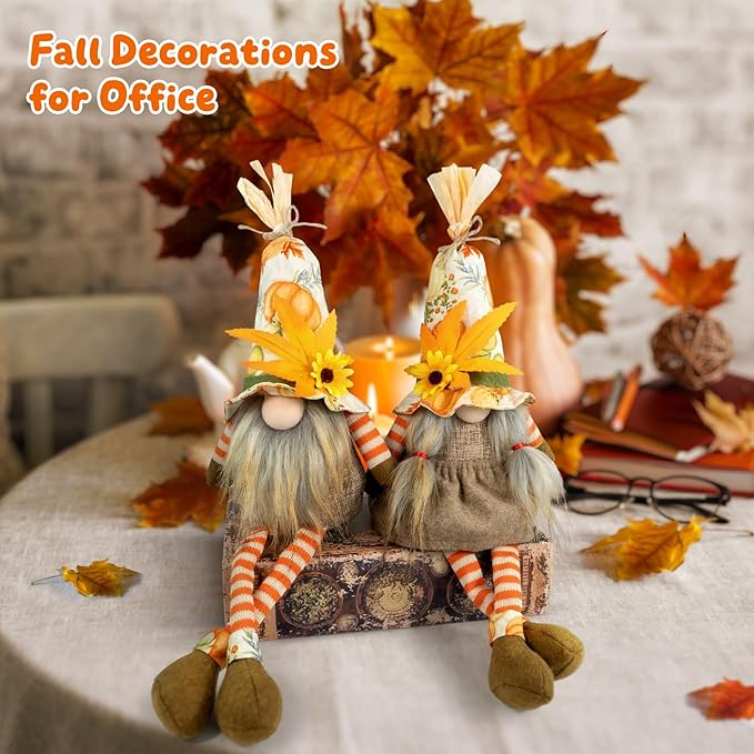 Thanksgiving Decorations – 2PCS Fall Gnomes Plush Shelf Sitters with Dangling Legs, Harvest Gnome Couple for Table Decor, Tiered Tray, Farmhouse Gnomes Gifts for Women