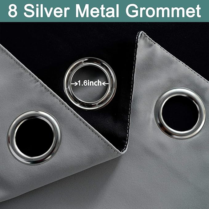 Yakamok Gray 100% Blackout Curtains 45 Inches Long, Full Light Blocking Thermal Insulated Blackout Drapes with Black Liners for Bedroom(Grey, 2 Panels, 52W x 45L)