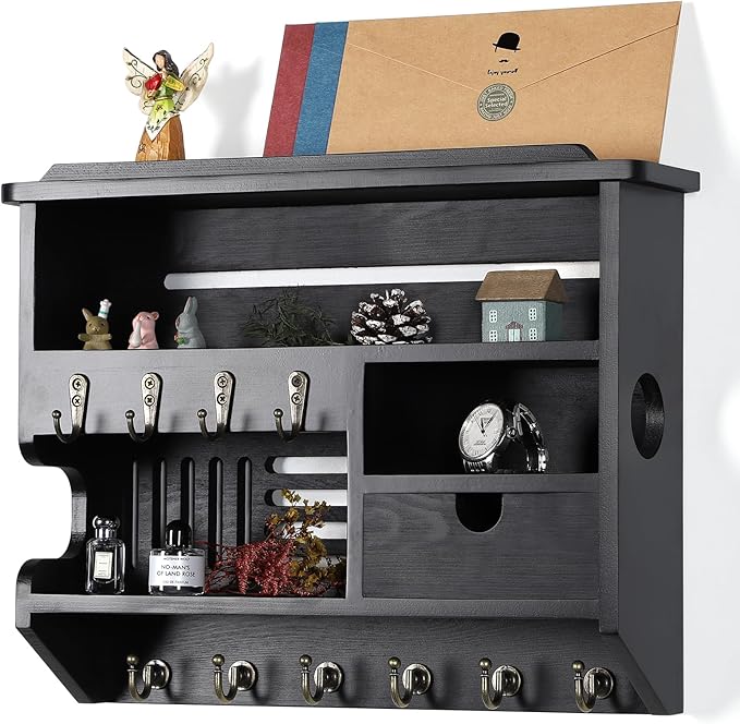 Key Holder for Wall, Mail Organizer Wall Mount with Storage Drawer and 10 Hooks, Easy Installation Key Holder Wall Mount for Home Decor, Black