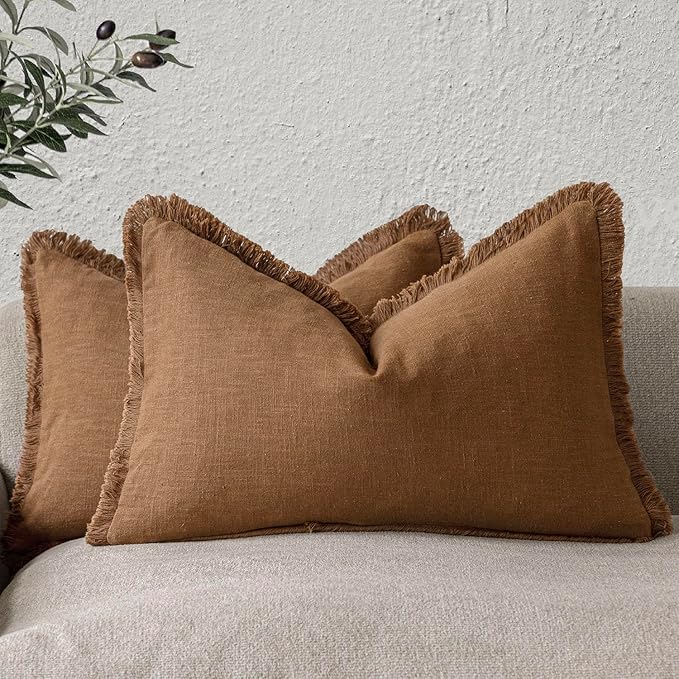 Foindtower Set of 2 Decorative Linen Fringe Throw Pillow Covers Cozy Farmhouse Cushion Cover with Tassels Lumbar Accent Pillowcase for Couch Bed Living Room Home Bedroom Decor, 12×24 Inch,Orange Brown