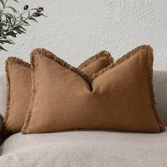 Foindtower Set of 2 Decorative Linen Fringe Throw Pillow Covers Cozy Farmhouse Cushion Cover with Tassels Lumbar Accent Pillowcase for Couch Bed Living Room Home Bedroom Decor, 12×24 Inch,Orange Brown