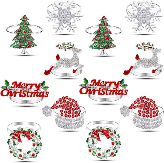 KPOSIYA Christmas Napkin Rings Set of 12, Silver Napkin Rings Holder Serviette Buckles for Holiday Dinning Table Setting-Wedding Receptions, Thanksgiving and Party Dinner Parties