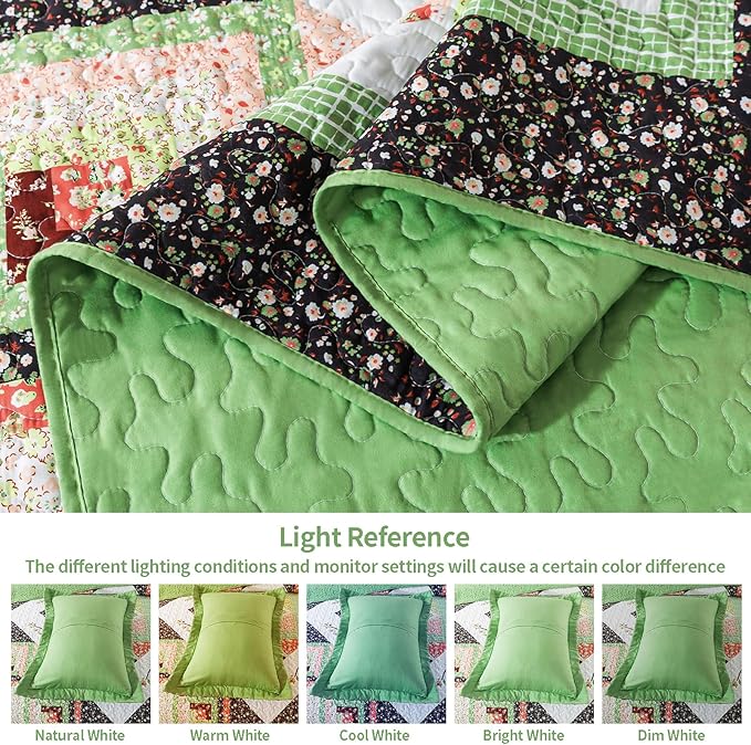 VAPUTAR Quilt Queen Size Bedding Set - Farmhouse Queen Size Bedspread Set for All Season, Lightweight Reversible Coverlet Quilt for Bedroom (90 × 98 Inch), Green