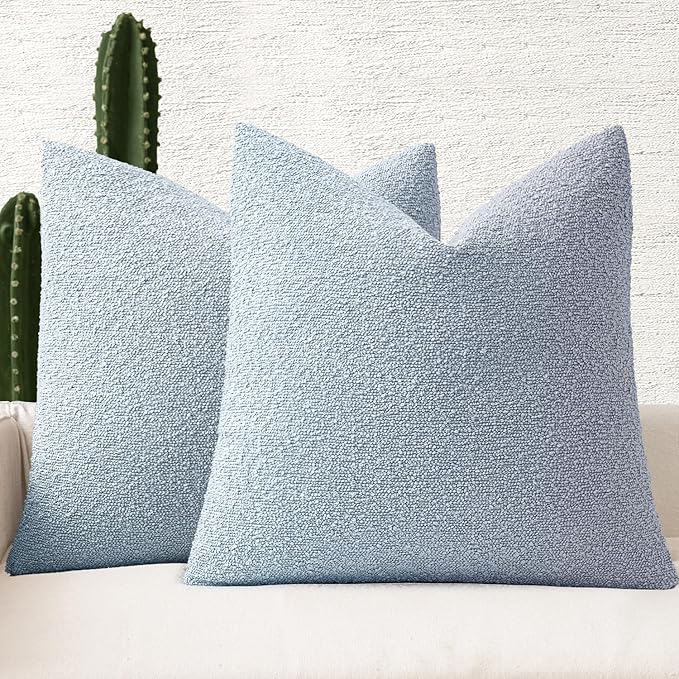 MIULEE 22x22 Inch Decorative Euro Sham Throw Pillows for Bed Set of 2 Textured Boucle Neutral Throw Pillow Covers Light Blue Accent Solid Euro Couch Pillowcase Cozy Soft Sofa Livingroom Home Decor