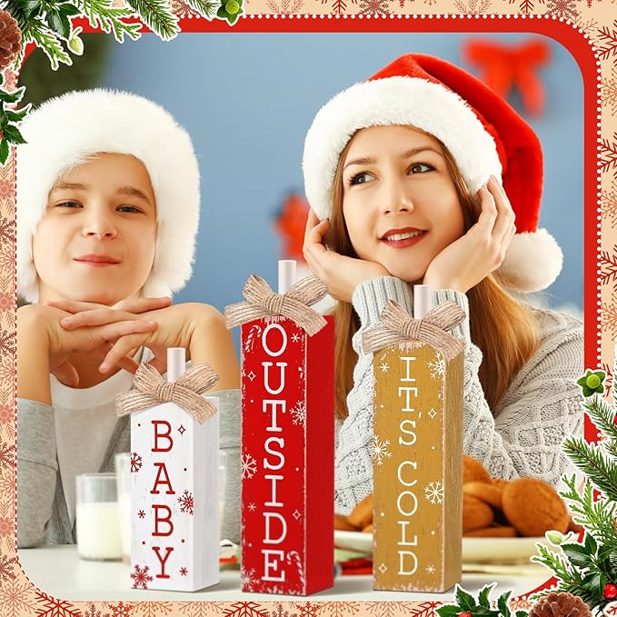 3 Pcs Winter Tiered Tray Decor Christmas Tabletop Decor Rustic Farmhouse Wooden Table Block Sign and Centerpieces It's Cold Outside Sign for Winter Wonderland Decorations Xmas Home Shelf