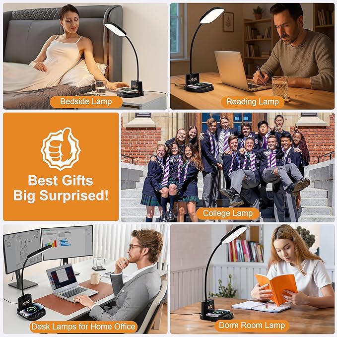 Sailstar Desk Lamp, Bedside Table Lamps with Wireless Charger and Clock, 30Mins Auto-Off Night Light Lamp, 3 Color Modes Dimmable Touch 800LM CRI 95, LED Desk Lamps for Home Office, Adapter Included