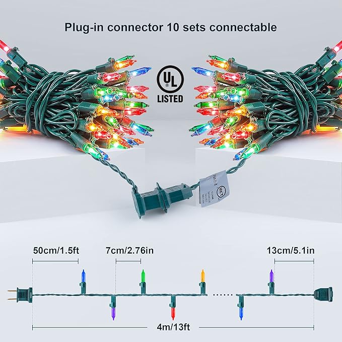 50-Count Multicolor Christmas Lights with Green Wire,Mini String Lights for Holiday Decorations, Christmas Tree Lights, Holiday Party, Wedding, Xmas, Home, Indoor & Outdoor Use (13ft Long)