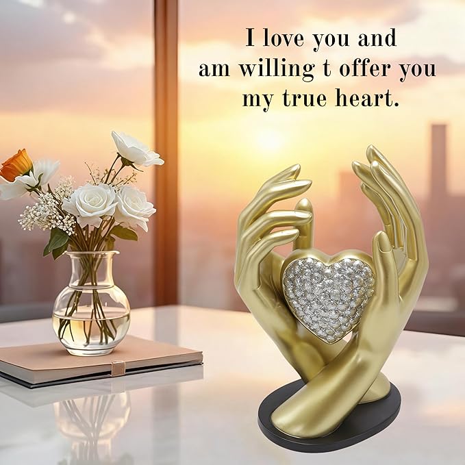 Gold Heart Hands Sculpture Modern Aesthetic Decoration Accents Figurines Home Decor Gold Love Heart Statue Decor for Living Room Bedroom Shelf Office Table Women Girl Wedding Anniversary Couple Gift