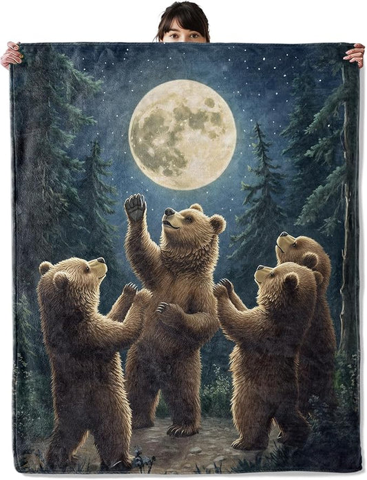 Dancing Bear Blanket, Cozy Flannel Bear Family in Moonlight Throw Blanket, Soft Fuzzy Blankets for Travel Home Decor, All Season Lightweight Couch Bed Cover, Gifts for Women Adults Kids 50"×60"