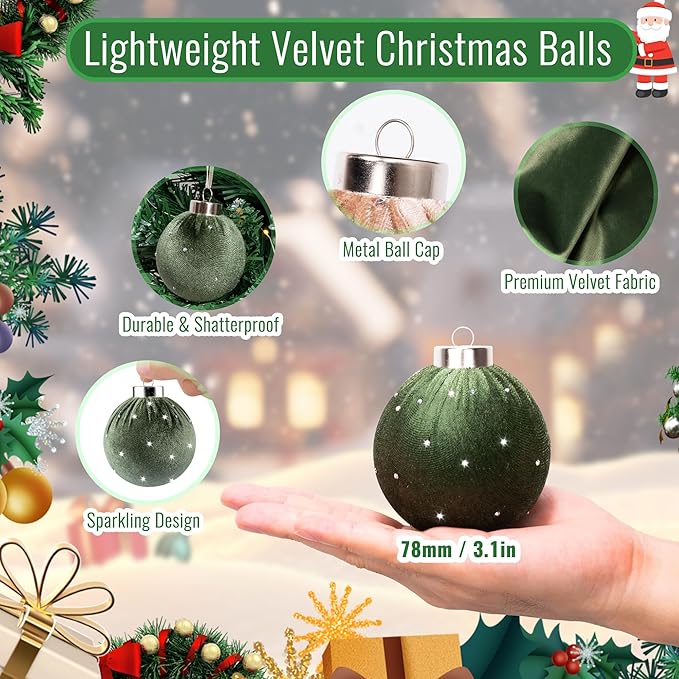 Christmas Tree Ornaments Set Velvet Balls, 12pcs Shatterproof Christmas Bulbs Ornaments for Xmas Tree Decorative Hanging, Vintage Flocked Decoration, 78mm, 3.1in, Multicolor Green Brown Neutral