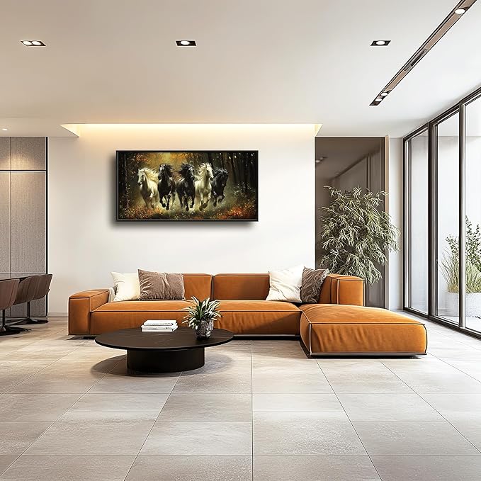 Olivine Horse Wall Art, Running Horses Pictures Wall Decor, Black And White Horse Paintings, Forest Landscape Canvas Prints, Framed Artwork for Bathroom Bedroom Living Room Office Home 60"x30"