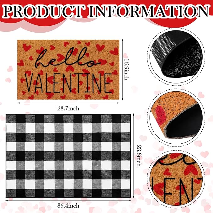 2 Pcs Door Mat Welcome Non Slip Coir Mats Floor Layering Doormats Seasonal for Front Porch Entryway Decor(Valentine)