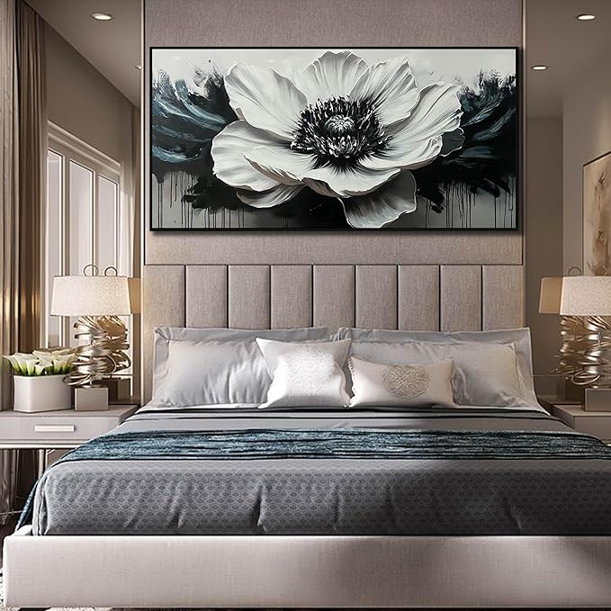 Flower Canvas Art Wall Decor for Living Room - Black and White Hand Painted Painting for Bedroom - Large Picture Frames for Wall Size 29" x 59"